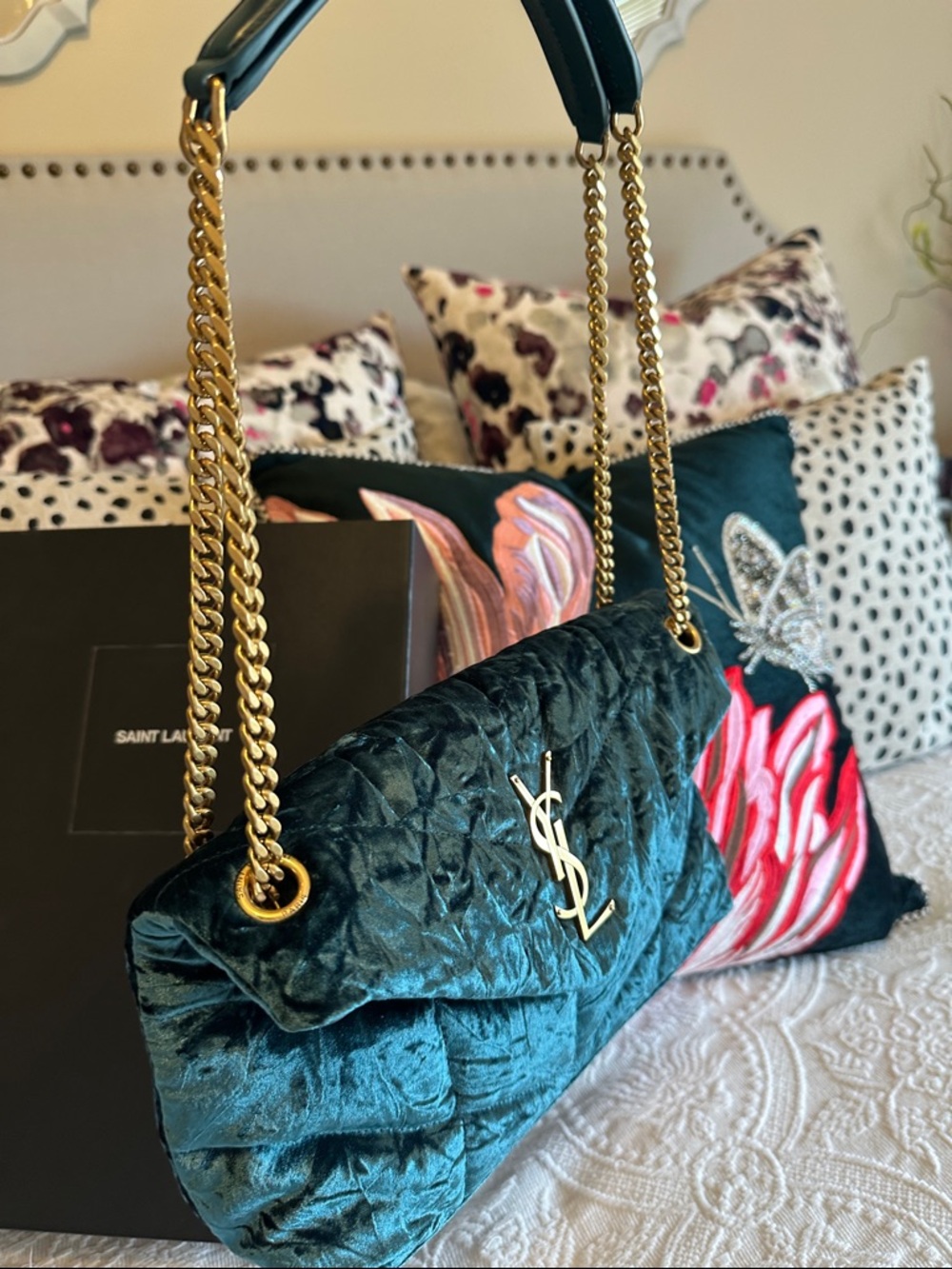 Saint Laurent Velvet Emerald Green Puffer Chain Bag - Picture 10 of 10